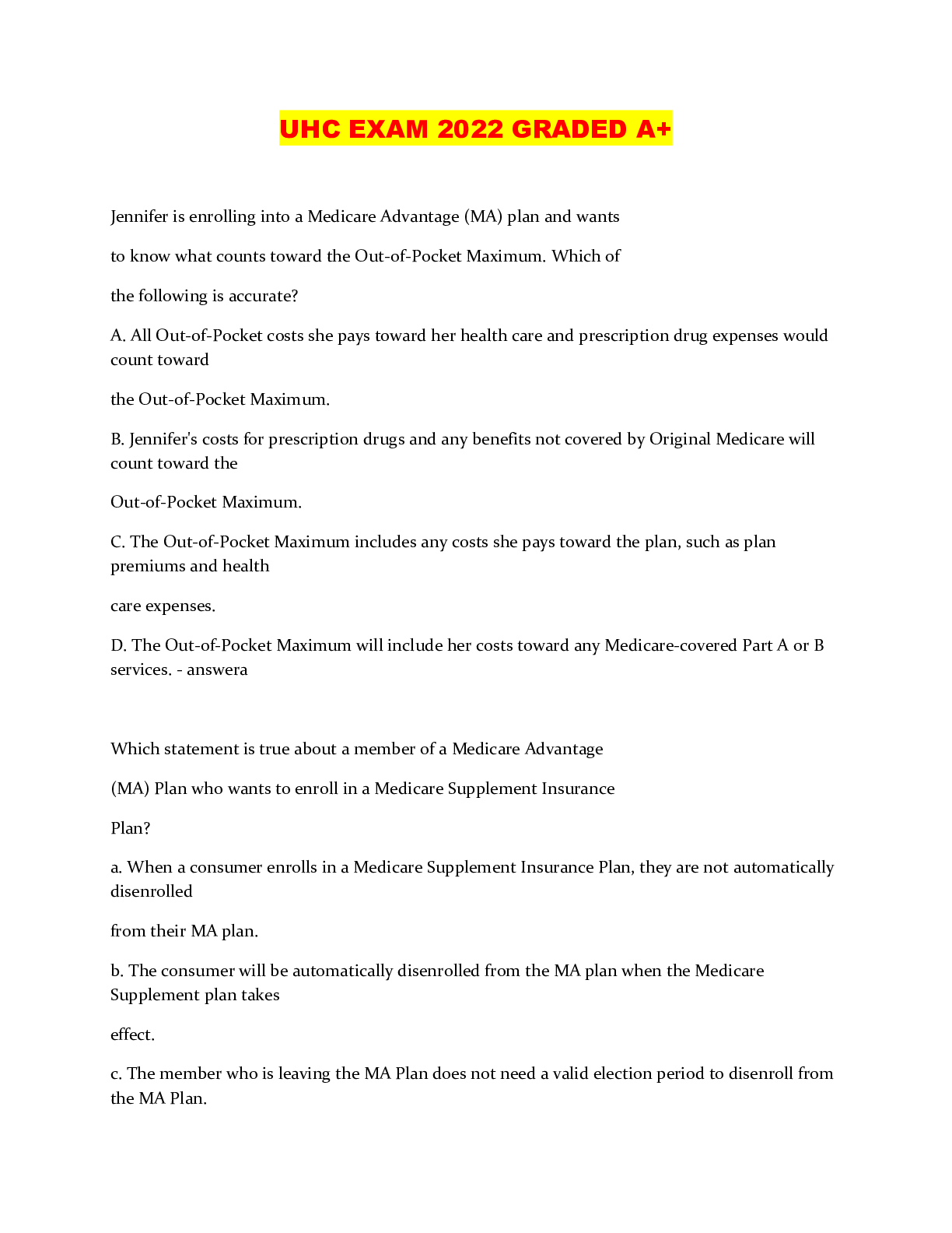 Preview image of UHC EXAM 2022 GRADED A+ document